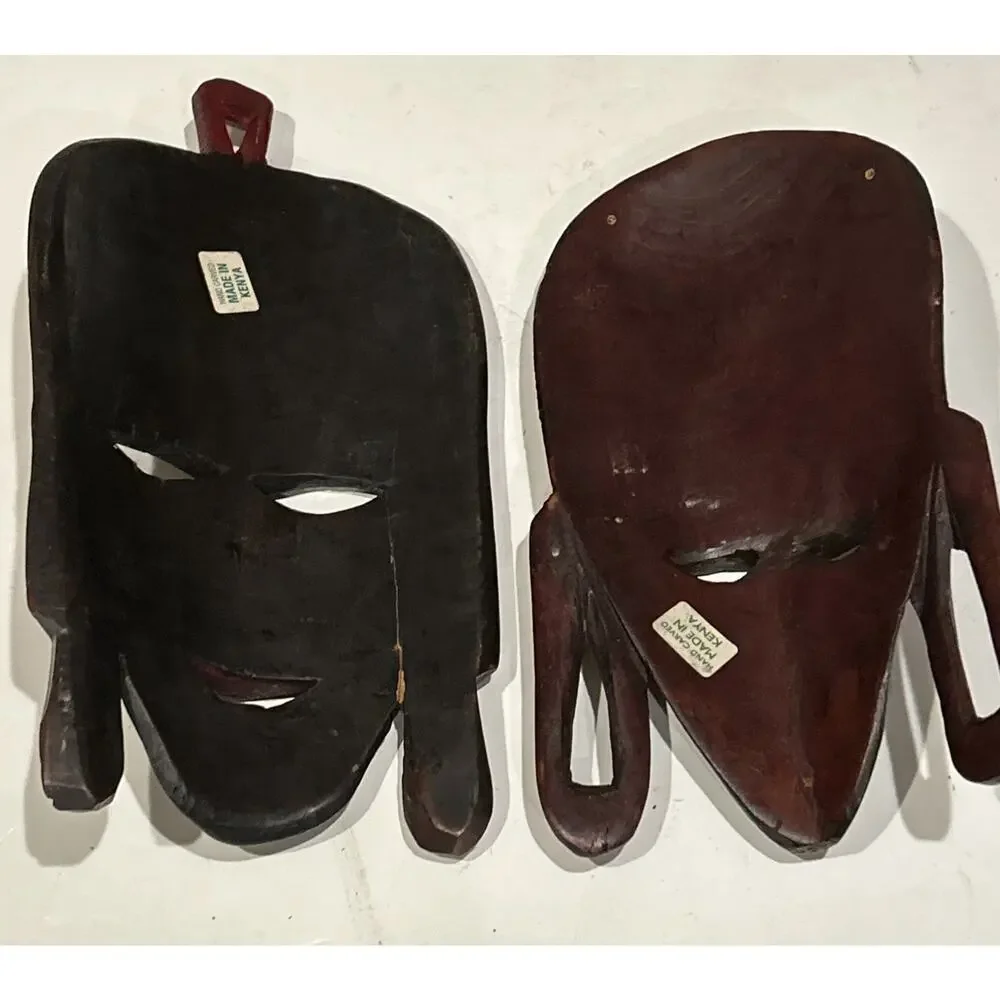 2 Africa Tribal Mask Wood Wooden Decorative Hand Carved Made In Kenya READ